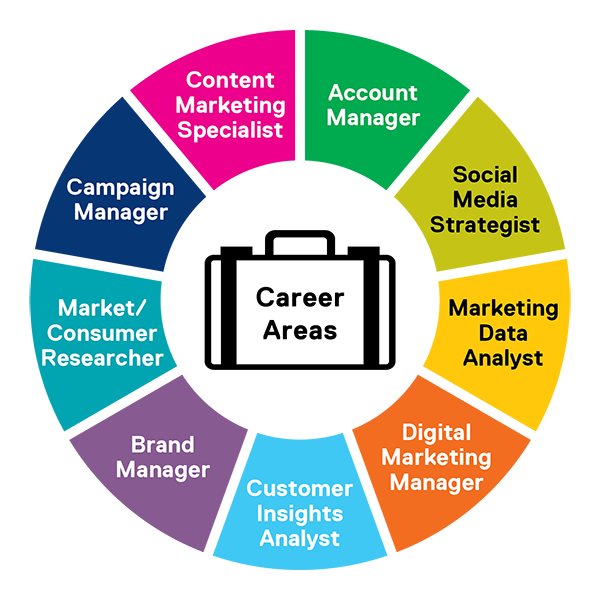 A career area wheel showing account manager, social media strategist, marketing data analyst, digital marketing manager, customer insights analyst, brand manager, market/consumer researcher, campaign manager, content marketing specialist